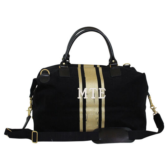 Personalized Black Canvas Weekender With Gold Stripes